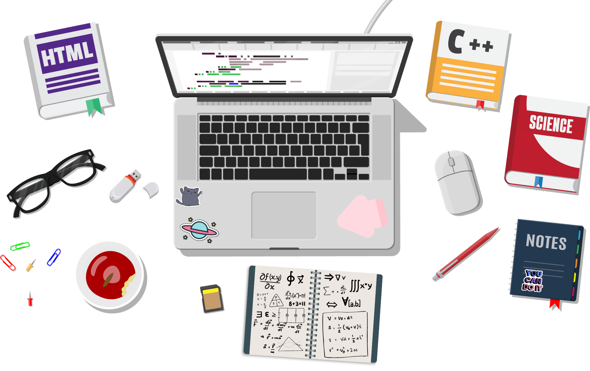 Monitor, laptop y logos de HTML, CSS, JavaScript y React.